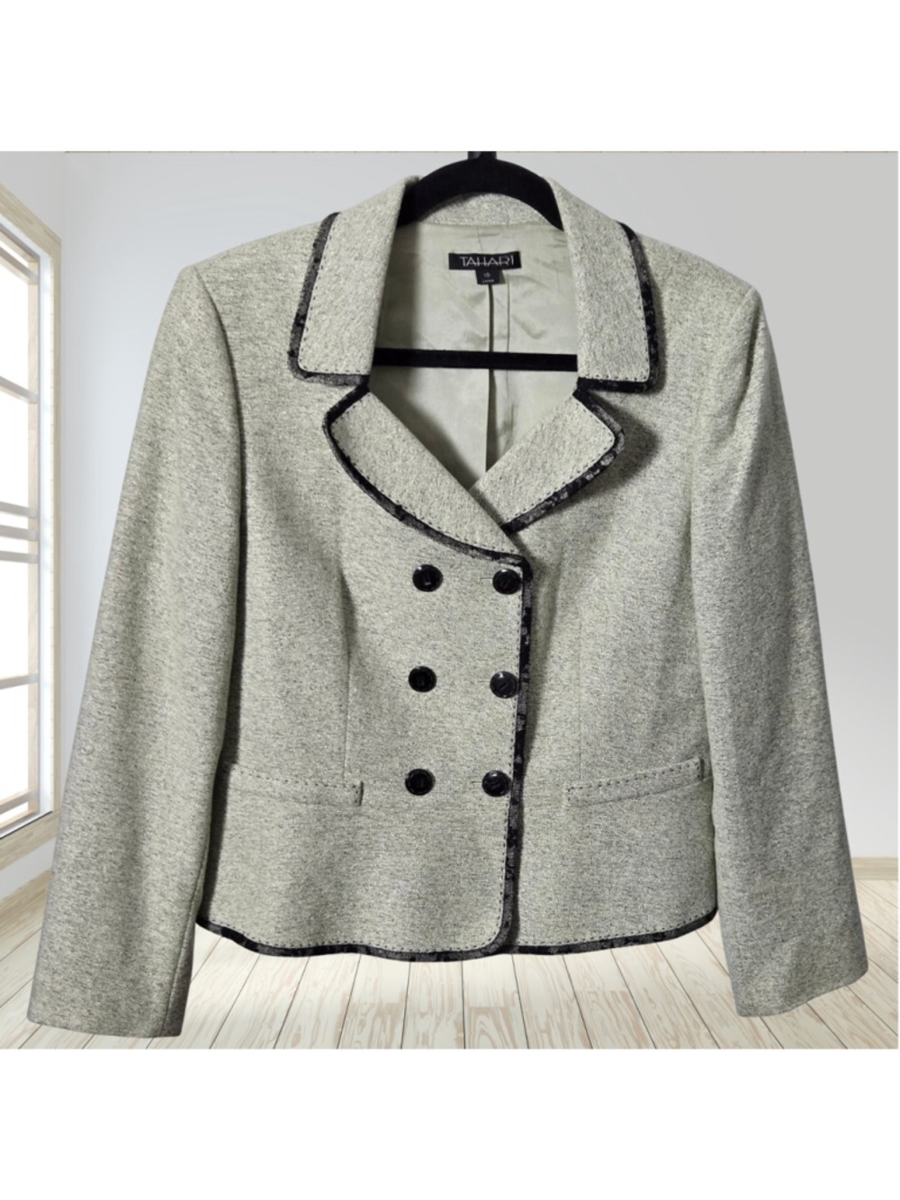 Tahari Blazer Women's 10 Pale Mint Green Wool Silk Double Breasted Black Trim